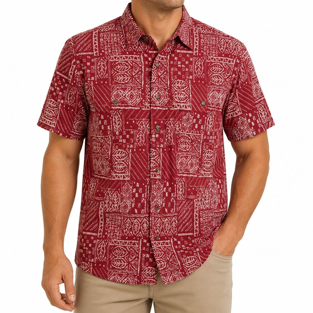 Cooke Street Honolulu Mens Red White Tapa Print Aloha Shirt Short Sleeve Large